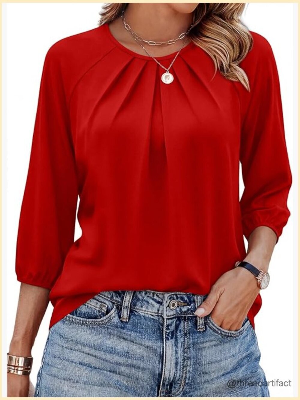 3/4 Sleeve Pleated Front Blouse Dressy Casual Business Spring Summer Tops
